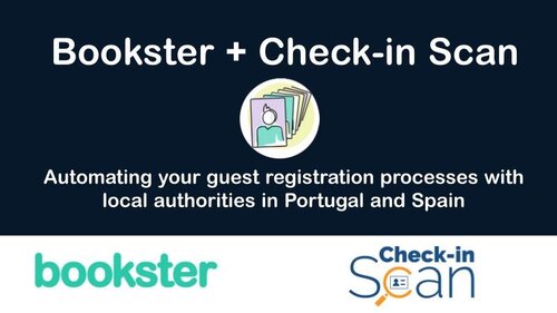 Bookster and Check-in Scan collaboration - Header text "Bookster and Check-in Scan" followed by text "Automating your guest registration processes with local authorities in Portugal and Spain" and logos of Bookster and Check-in Scan.