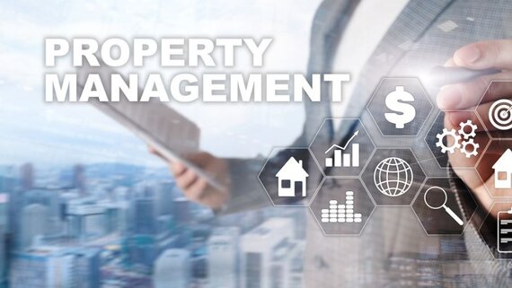 Owner FAQ's - Image - Property Management FAQs – image shows body of person and icons for finances, property, search, settings and so on. (© Canva)