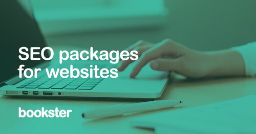 SEO services for UK holiday rental websites - Text "SEO packages for websites" with a Bookster logo on an image of a hand on a computer keyboard.