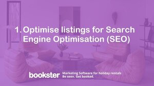 Optimise listings for Search Engine Optimisation (SEO) - Text reads "1 Optimise listings for Search Engine Optimisation (SEO)" with a Bookster logo