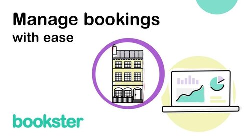 Manage bookings - Text reads "Manage bookings with ease", with icons for a holiday rental apartment and graphs.