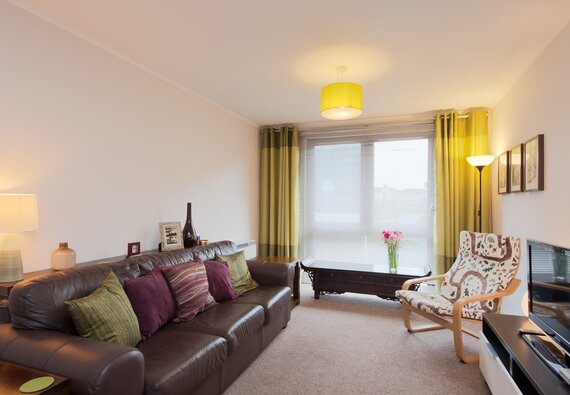 Living Room - Living room, with leather sofa in Edinburgh holiday home.