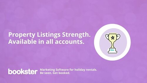 Property Listings Strength - Property Listings Strength. Available in all accounts. With an icon of a winners cup and a Bookster logo.