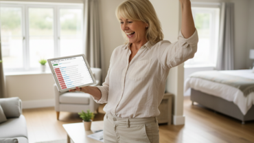 Airbnb and Booking.com sync joy - A holiday rental manager punching the air with joy as their properties are synced up (© 2025 Bookster)
