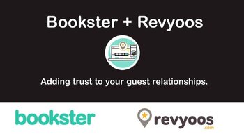 Revyoos and Bookster - Title - Bookster plus Revyoos, with the byline Adding trust to your guest relationships.
Logos of Bookster and Revyoos.