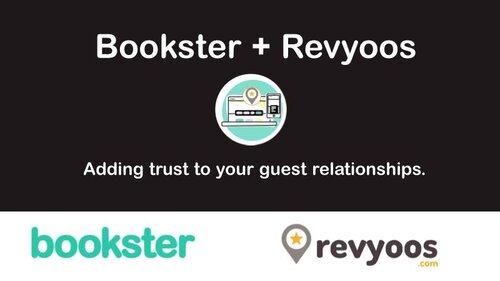 Revyoos and Bookster - Title - Bookster plus Revyoos, with the byline Adding trust to your guest relationships.
Logos of Bookster and Revyoos. Revyoos and Bookster - Title - Bookster plus Revyoos, with the byline Adding trust to your guest relationships.
Logos of Bookster and Revyoos.