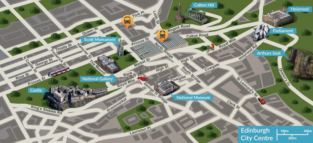 Map of Edinburgh - An illustrated map of Edinburgh and the top sights to see while you stay with us