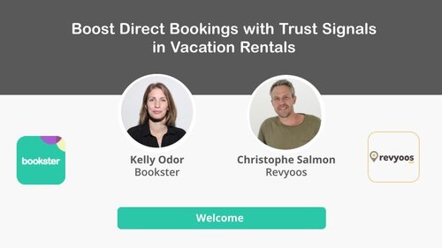Event: Boost direct bookings with trust signals on Vacation Rentals - Text: Boost direct bookings with trust signals on Vacation Rentals. A photo of Kelly Odor and Christophe Salmon.