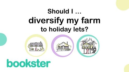Should I diversify my farm to holiday lets? - Should I diversify my farm to holiday lets? with images of a cottage, a glamping pod and a treehouse, with the Bookster logo. Should I diversify my farm to holiday lets? - Should I diversify my farm to holiday lets? with images of a cottage, a glamping pod and a treehouse, with the Bookster logo.