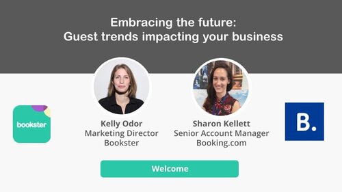 Replay - Bookster and Booking.com | Embracing the future: Guest trends impacting your business - Title: Embracing the future:
Guest trends impacting your business with images of Kelly Odor and Sharon Kellet, and the logos of Bookster and Booking.com Replay - Bookster and Booking.com | Embracing the future: Guest trends impacting your business - Title: Embracing the future:
Guest trends impacting your business with images of Kelly Odor and Sharon Kellet, and the logos of Bookster and Booking.com