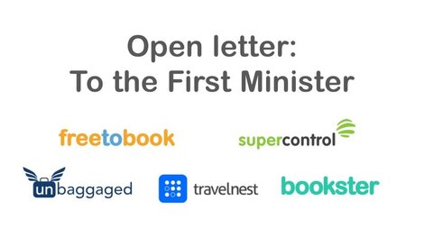 Open Letter to the First Minister - Open Letter to the First Minister with logos of FreeToBook, SuperControl, Unbaggaged, Bookster, TravelNest.