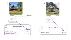 Airbnb price breakdown - 2 images of properties on Airbnb, with a demonstration of the different prices