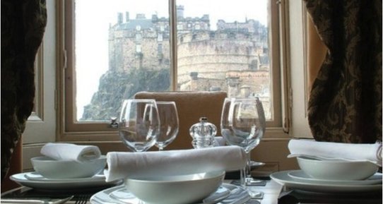 CastleEsplanade_01 - Detail of family dining table with view to Edinburgh Castle
