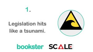 Slide 1 from the Scale Rentals and Bookster event - Legislation hits like a Tsunami, with image of a Tsunami warning and logo of Bookster and Scale Rentals