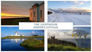 Lighthouse Keeper's Cottage - 4 photos from around Lighthouse Keeper's Cottage, a sunset behind the cottage, snow covering the land in front of the cottage, the lighthouse reflected in water and a castle ruins.