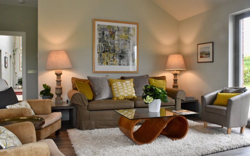 Living Room Lights on 1 - Stunning living room in stunning farm conversion in Haddington holiday rental home.