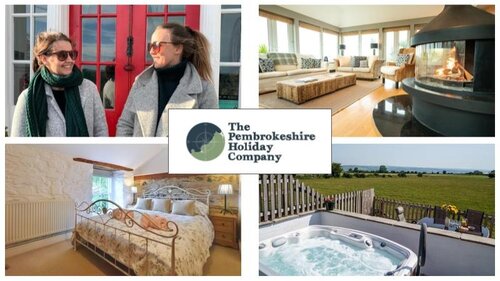 Case Study: The Pembrokeshire Holiday Company - 4 photos. 
Top Left - Photo of two ladies looking at each other and smiling
Top Right - Photo of a fire in a living room with large sofa
Bottom Left - Photo of a double bed in a light and airy room. 
Bottom Right - Photo of a hot tub filled with bubbling water in front of an open field.