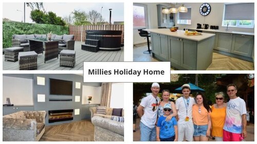 Millies Holiday Home - 4 images, a decking area with hot tub, a modern kitchen with island, a living room with built in fire and a picture of the family behind Millies Holiday Home.