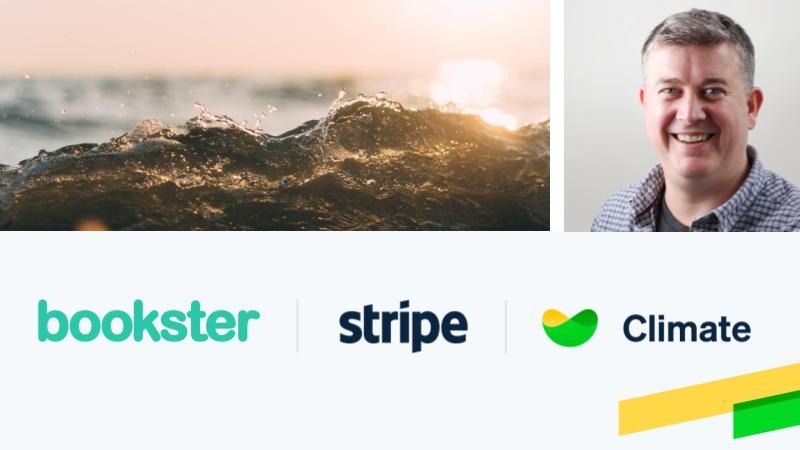 Bookster and Stripe partnership for tackling climate change - Image of Robin Morris Director, waves and logos of Bookster, Stripe, Stripe Climate.