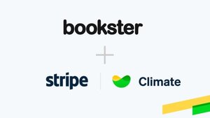 Bookster and Stripe Climate - Bookster logo with a plus sign and a Stripe Climate logo.