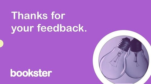 Customer questionnaire summary 2022 - Thanks for your feedback, with Bookster logo and an image of two lightbulbs.