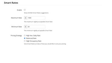 Smart Rates by AirDNA - Settings for Smart Rates feature to create Pricing Strategies of High Average Daily Rate, Balanced Rate, and High Occupancy Rate.