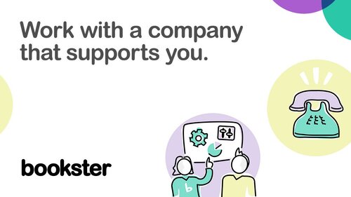 A holiday rentals software with great customer service - Text reads "Work with a company that supports you" with images of people looking at a graph, and a telephone. A holiday rentals software with great customer service - Text reads "Work with a company that supports you" with images of people looking at a graph, and a telephone.