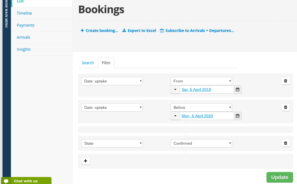 Booking data: occupancy - Filter and download Bookings based on occupancy (aka uptake) dates (© Bookster 2020) Booking data: occupancy - Filter and download Bookings based on occupancy (aka uptake) dates (© Bookster 2020)