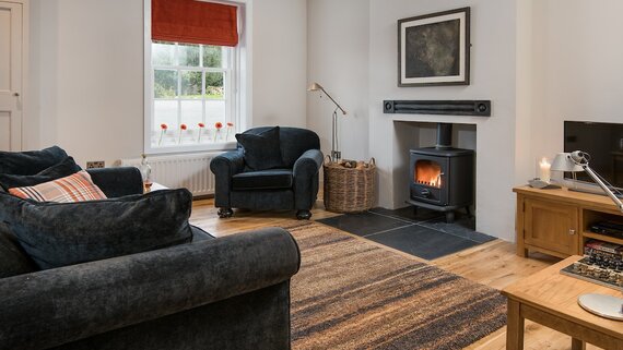 Cosy Lounge for Business Travellers - Cosy lounge with 3 comfortable seats, featuring a fireplace and view of the nature