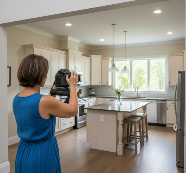 Woman taking photo of a Kitchen