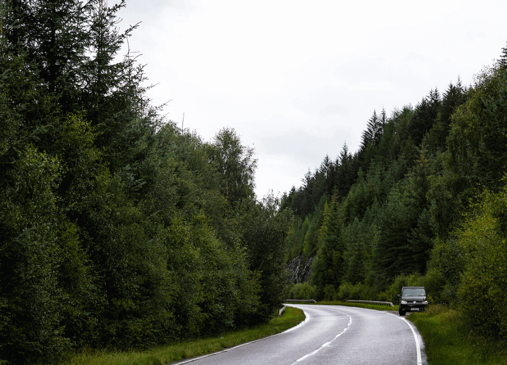 Bonnie in Scotland on the road - Bonnie the campervan by a road in Scotland surrounded by trees. (© Stellapics ltd)