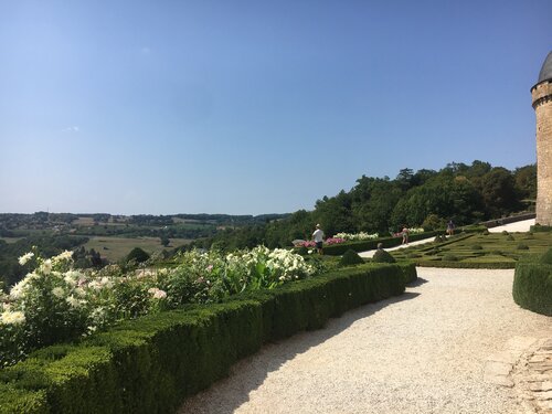 Jardins du château de Hautefort – Haie topiaire basse bordée de fleurs blanches. Ciel d'été bleu et chaud avec une allée sinueuse dans les jardins du château (© Voila Villas France)