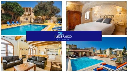 Case Study of Jules Gozo Holidays - 4 photos from Jules Gozo Holidays, with two photos of green blue pools and deckchairs, a photo of a double bed in a bedroom with curved stone ceiling and a photo of a living space with wooden beams.