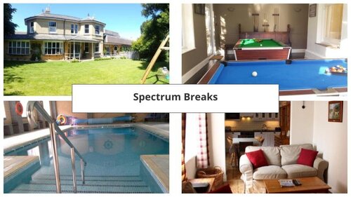 Case Study Spectrum Breaks - 4 photos from Spectrum Breaks, a photo of the large house with large green grassy area, a room with two pool tables, a blue swimming pool and a living room with sofa and chairs.