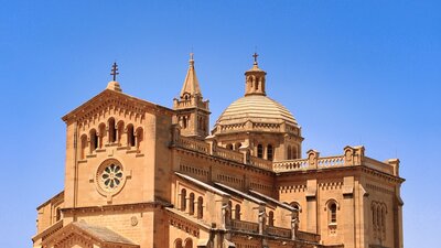 Ta' Pinu National Shrine - Stunning view of the Ta' Pinu National Shrine under a clear blue sky in Gozo, Malta. (© 2018 Luke Friggieri)