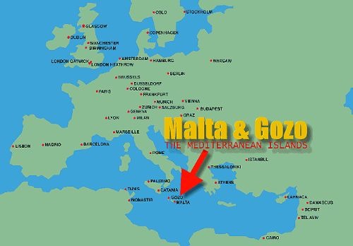 Gozo in Malta map - A map of Europe with an arrow pointing to Gozo in Malta.