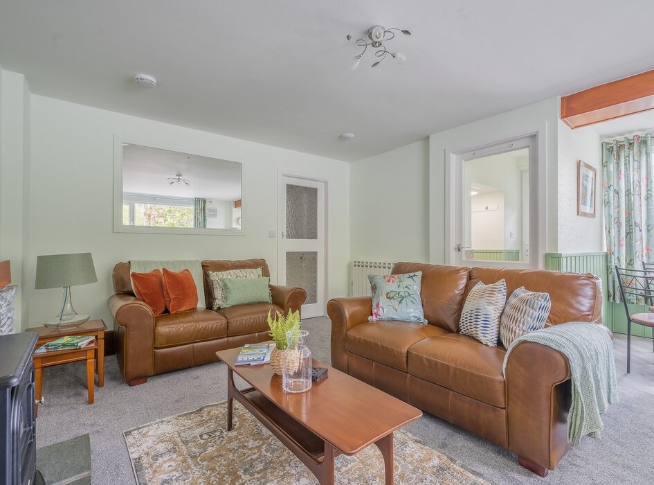 Lounge - Spacious lounge area with 2 leather sofas, plump cushions, throws, coffee table, electric stove and smart TV.  A dining nook to one side with table and 4 chairs.