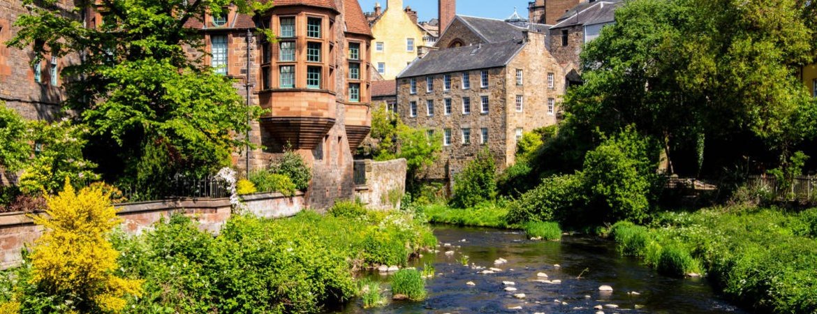 Dean Village, Water of Leith on a sunny day in Edinburgh
