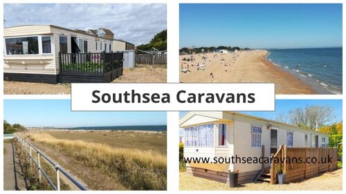 Case Study: Southsea Caravans - 2 images of large white static caravans, 2 images of a sandy beach.