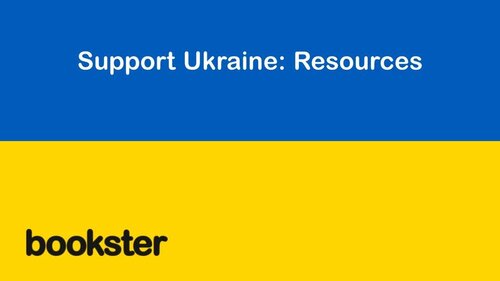 Support Ukraine Resources - A single blue and single yellow stripe to represent the Ukraine flag, with the text 'Support Ukraine: Resources" and the Bookster logo.