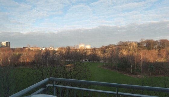 Holiday homes in Scotland with a balcony - View from a city balcony over a green space with small woods. (© The Lochend Park View)