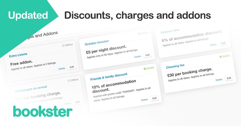 Discounts, Charges and Extras for holiday rentals - Our new style of Discounts, Charges and Extras revolutionise the way you manage your holiday rentals. Discounts, Charges and Extras for holiday rentals - Our new style of Discounts, Charges and Extras revolutionise the way you manage your holiday rentals.