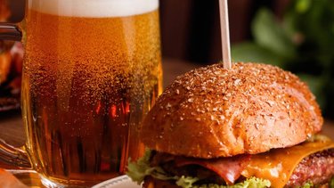 A beer and burger meal in a pub