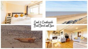 Case Study Norfolk Coast and Countryside - 4 photos from Norfolk Coast and Countryside, with a light double bedroom, a seal on a beach, a light open living room and dining room, and beach with golden sands.