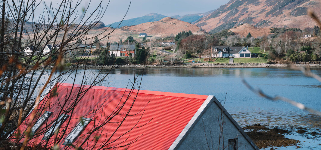 An Dòbhran and the view - Looking out over An Dòbhran onto the sea loch, Loch Long and the hills of Lochalsh.