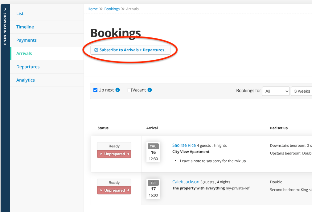 iCal Feed - Grab and iCal feed of arrivals and departures (© 2026 Bookster)