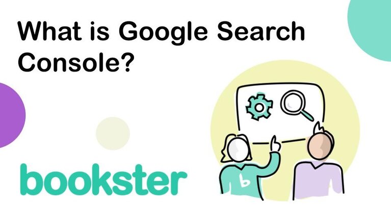 What is Google Search Console? - What is Google Search Console? Two illustrated people talking and pointing at a chart with a magnifying glass and a cog.