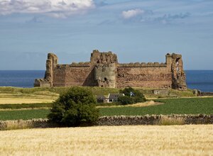 Tantallon Castle in North Berwick - Ruins of 14th century castle surrounded by fields and sea.