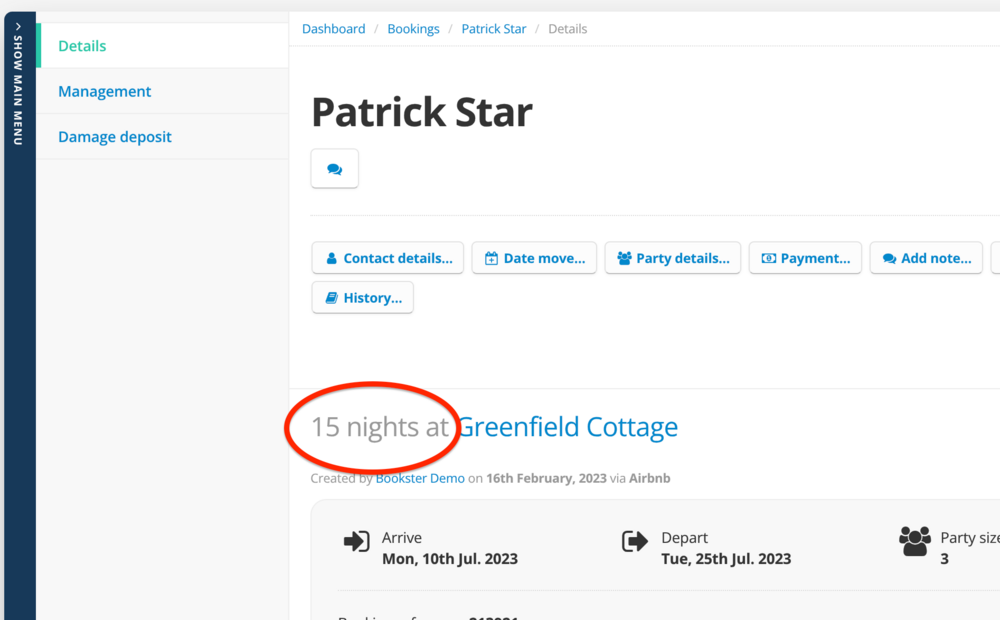 Screen Grab of a Booking in Bookster - See the number of nights when viewing a booking (© 2023 Bookster)