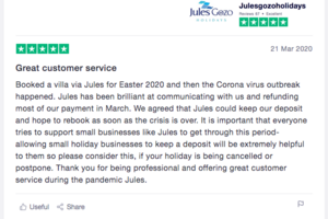 Jules Gozo Holidays Review - An example of a customer review given through excellent customer service during COVID19